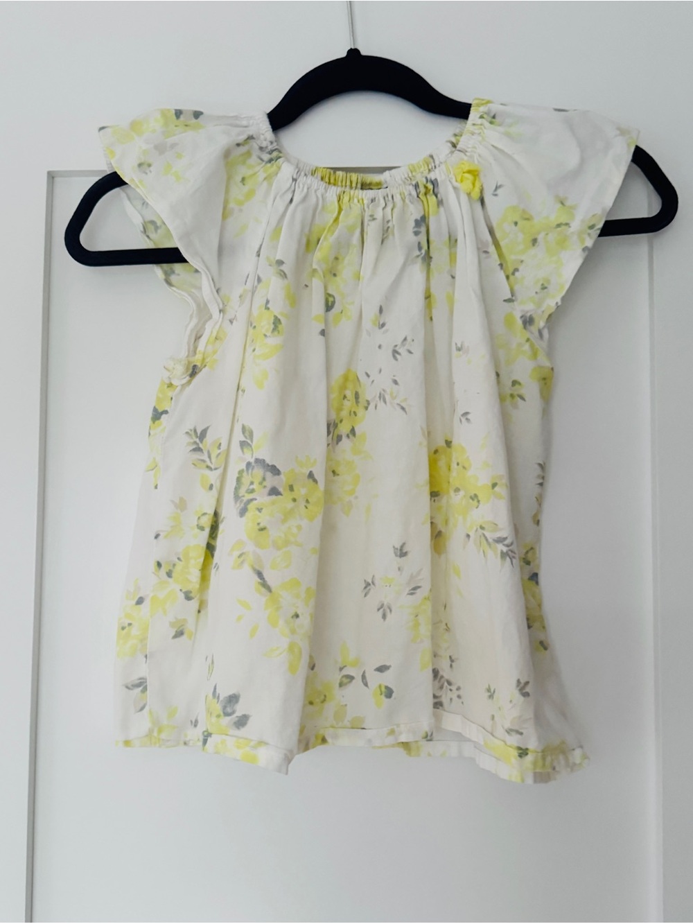 Bonton Girls Floral Cotton Blouse Size 2 Yellow Bow French Designer 2T